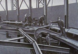Stützgerüst für die Dachbleche und Dacheckring des Gasometers, um 1913